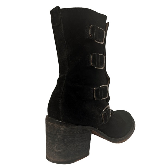 JL J. Litvack Moto Boots Booties Black Suede Four Buckle Chunky Stacked Heel - Picture 5 of 16